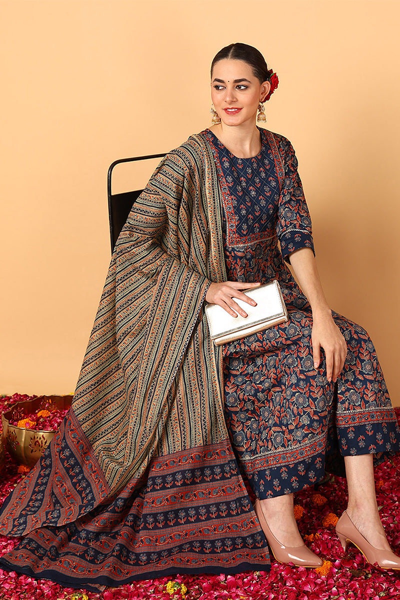 Blue Pure Cotton Floral Printed Flared Style Suit Set | SHOBITAM