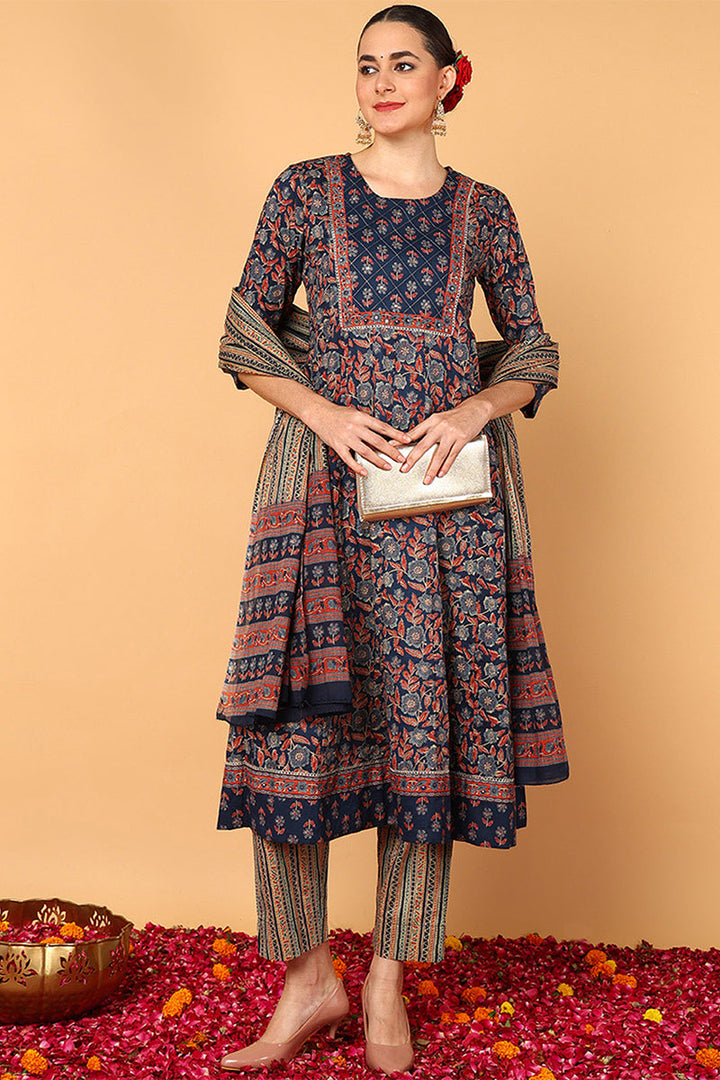 Blue Pure Cotton Floral Printed Flared Style Suit Set | SHOBITAM