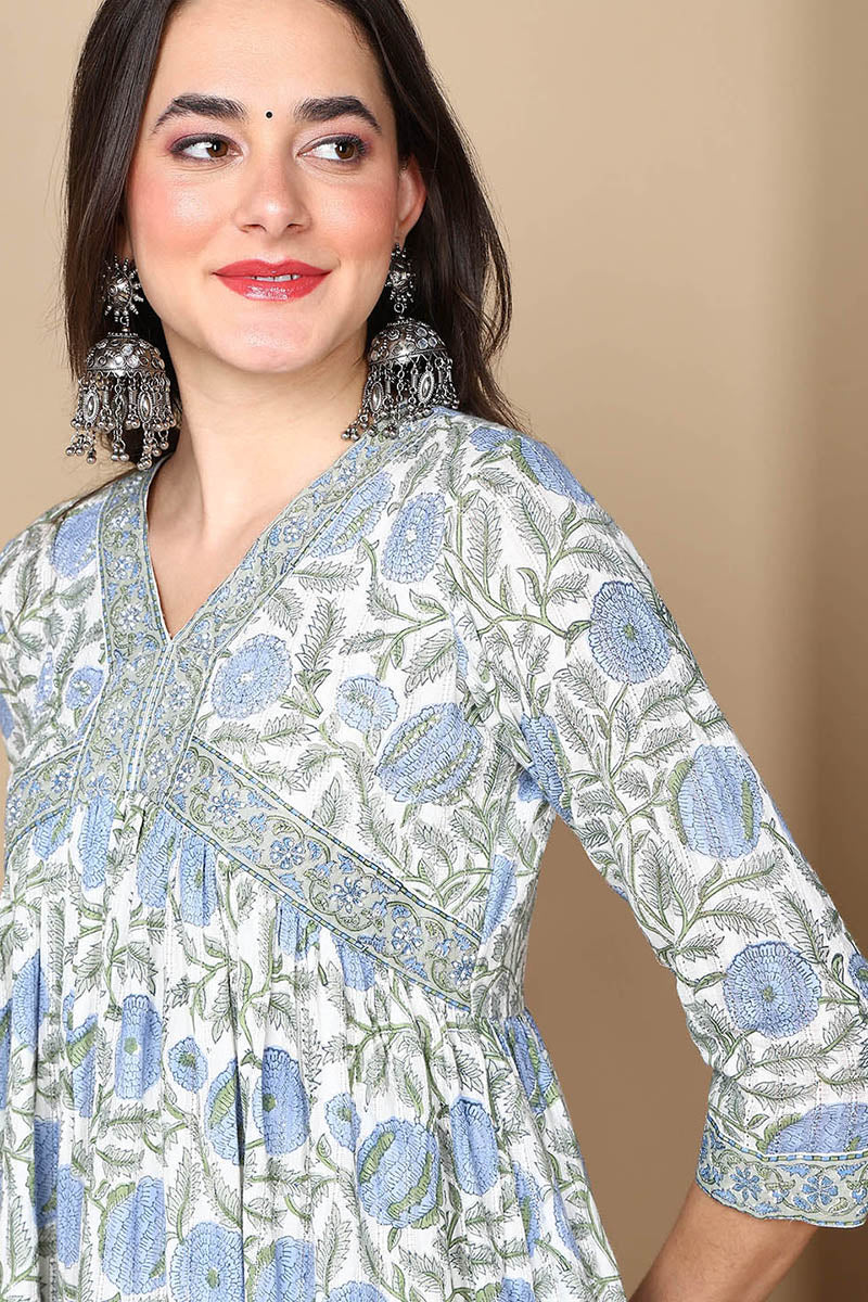White Rayon Blend Floral Printed Flared Suit Set | SHOBITAM