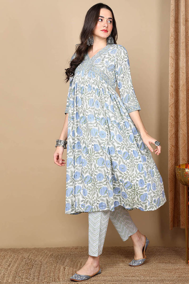 White Rayon Blend Floral Printed Flared Suit Set | SHOBITAM