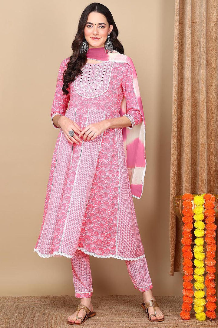 Coral Viscose Rayon Ethnic Motifs Yoke Design Flared Suit Set | SHOBITAM