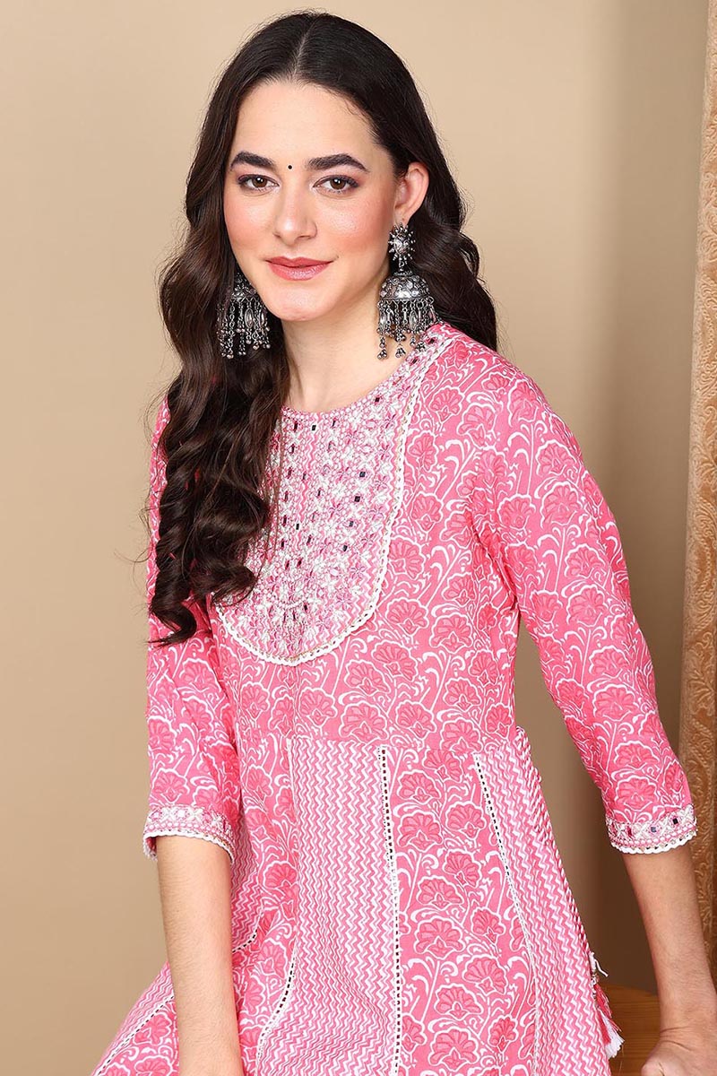 Coral Viscose Rayon Ethnic Motifs Yoke Design Flared Suit Set | SHOBITAM