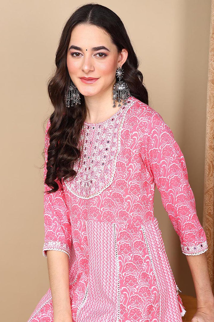 Coral Viscose Rayon Ethnic Motifs Yoke Design Flared Suit Set | SHOBITAM