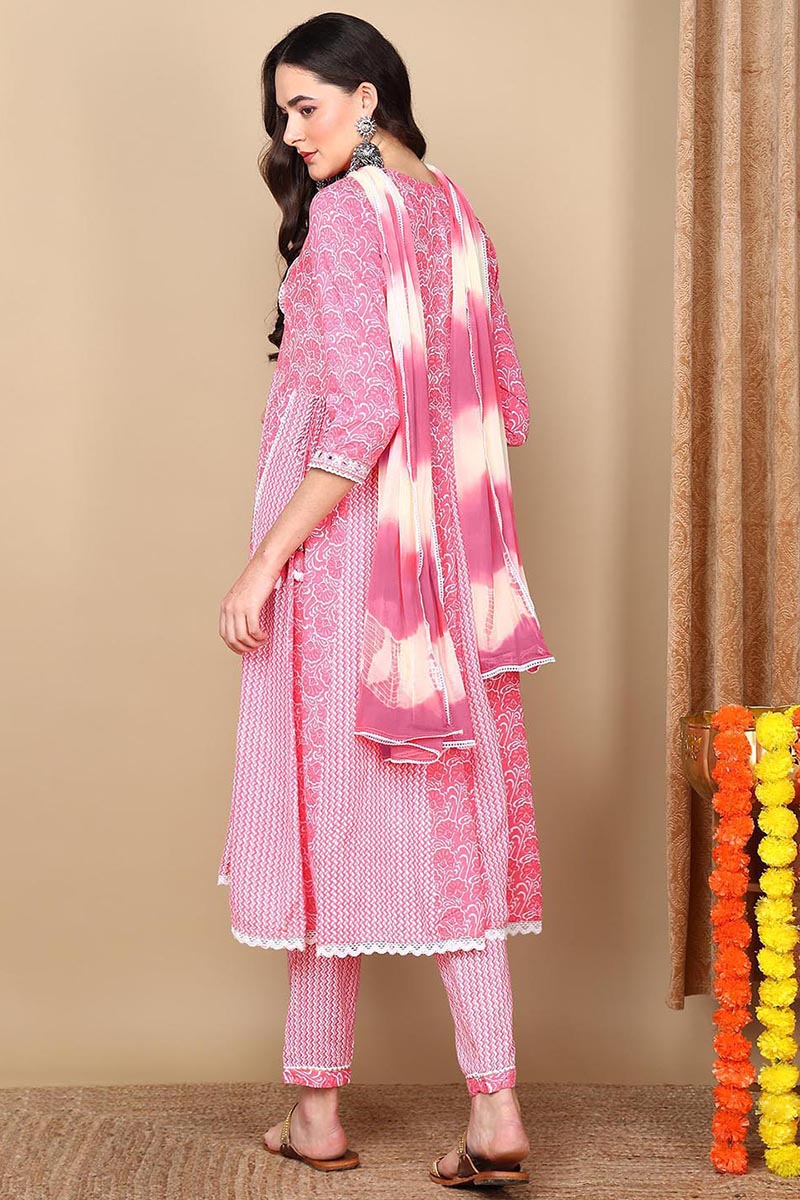 Coral Viscose Rayon Ethnic Motifs Yoke Design Flared Suit Set | SHOBITAM