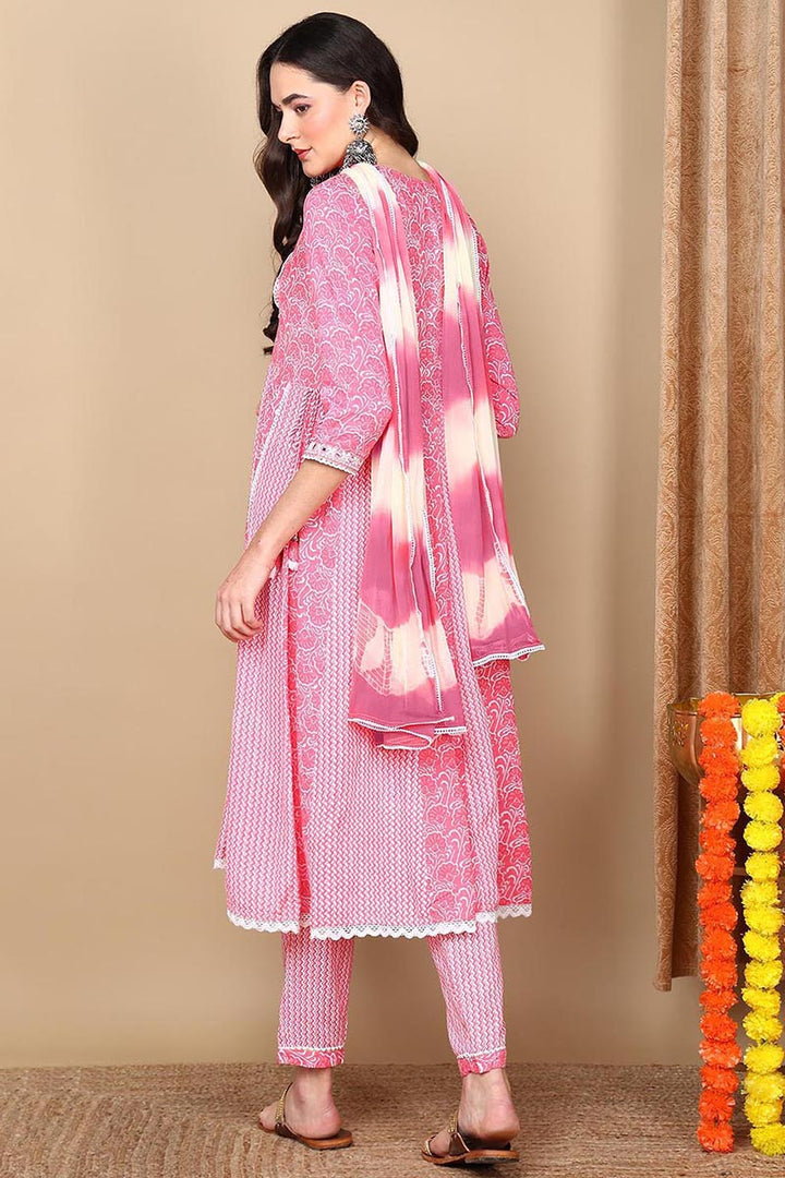 Coral Viscose Rayon Ethnic Motifs Yoke Design Flared Suit Set | SHOBITAM
