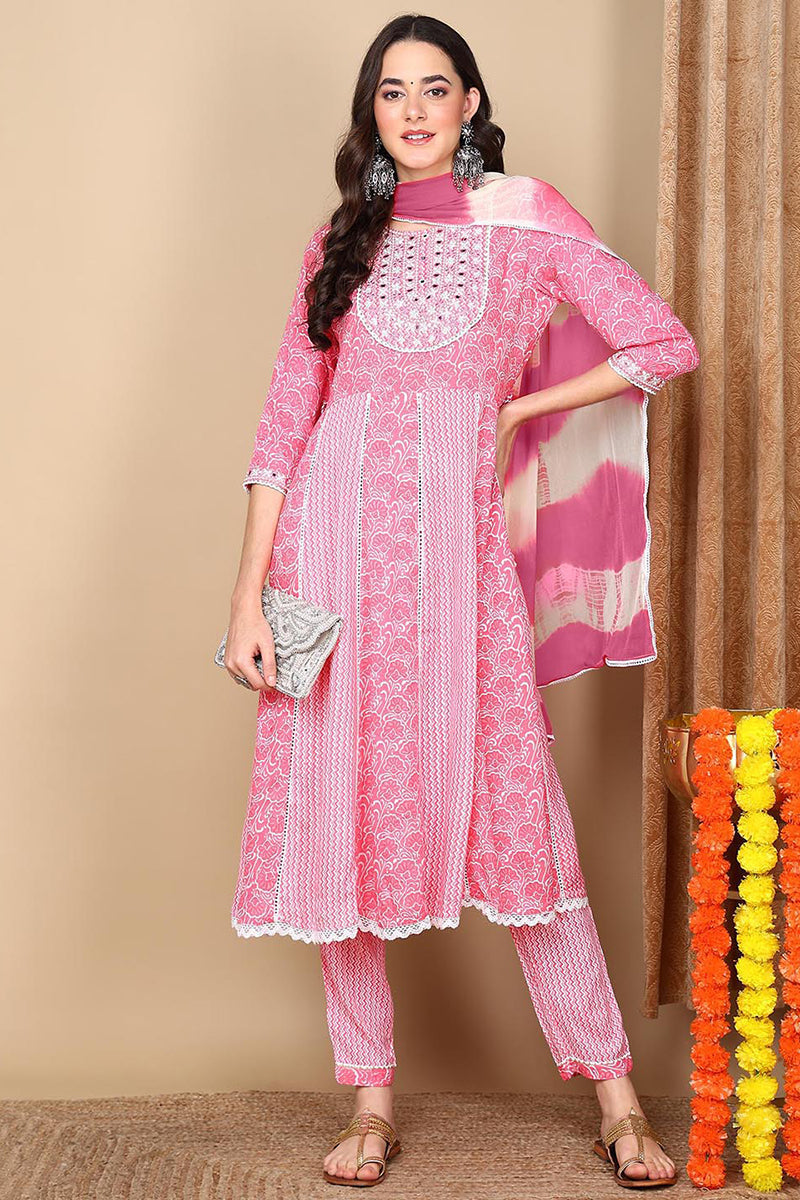 Coral Viscose Rayon Ethnic Motifs Yoke Design Flared Suit Set | SHOBITAM