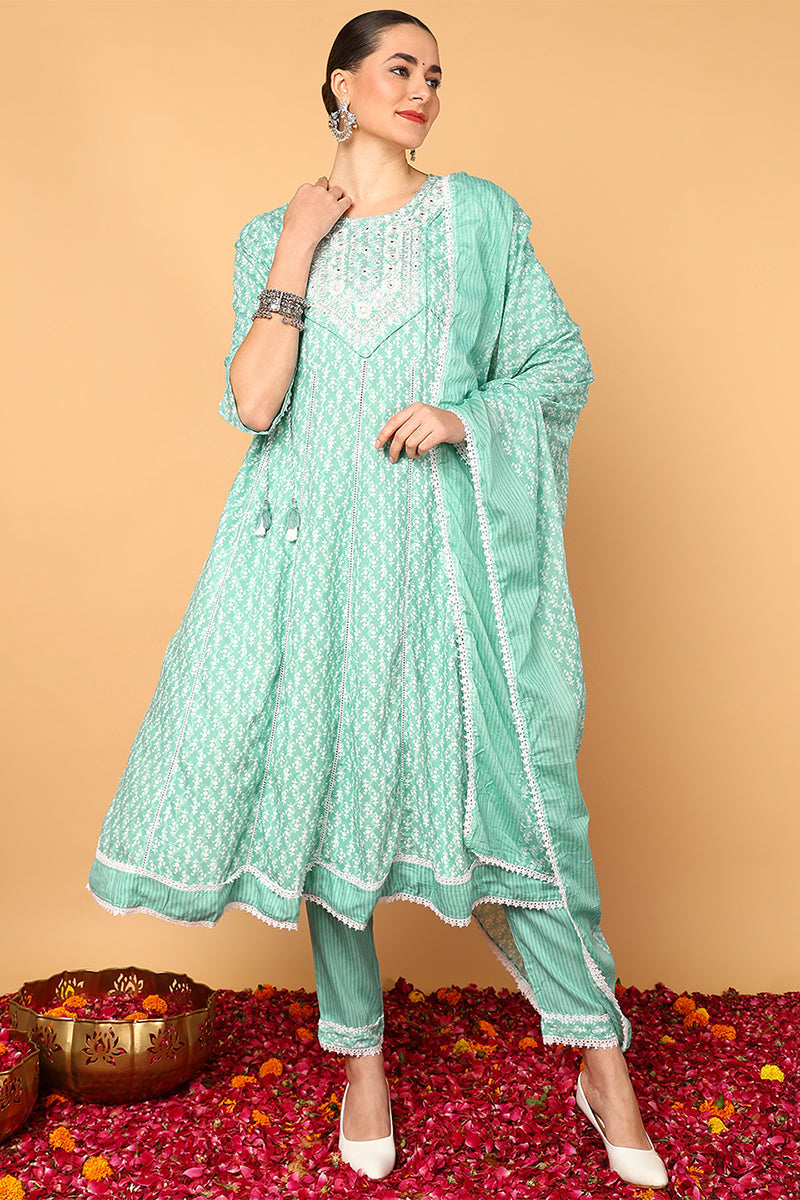 Sea Green Viscose Rayon Ethnic Motifs Printed Flared Suit Set | SHOBITAM