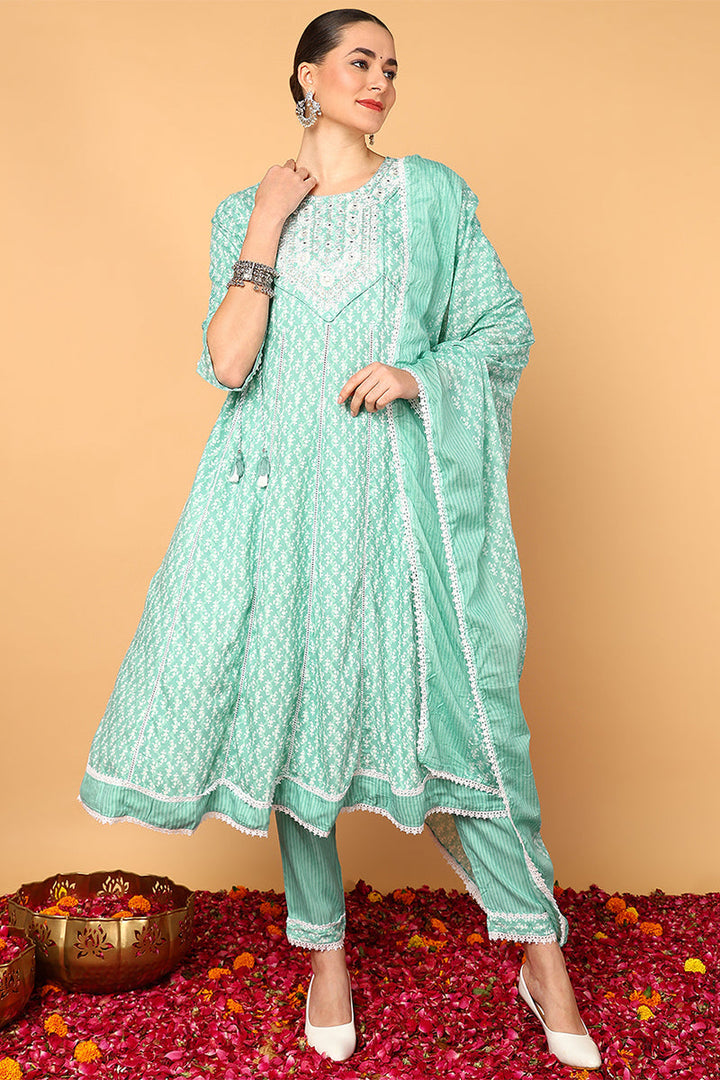 Sea Green Viscose Rayon Ethnic Motifs Printed Flared Suit Set | SHOBITAM