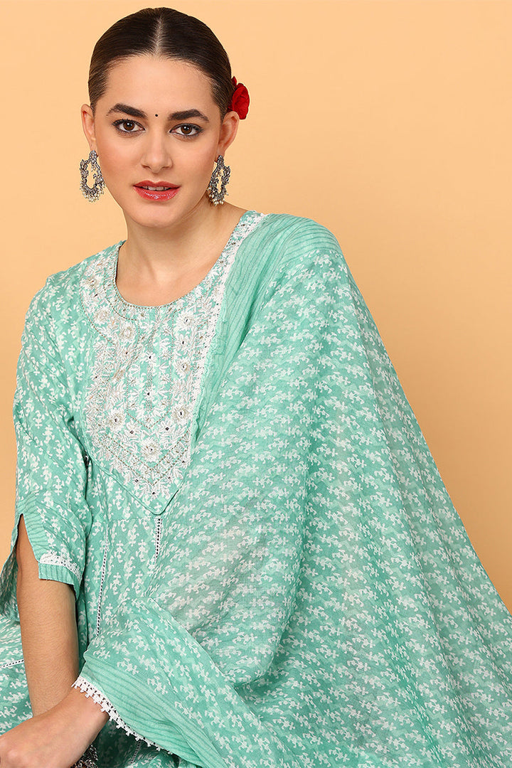 Sea Green Viscose Rayon Ethnic Motifs Printed Flared Suit Set | SHOBITAM