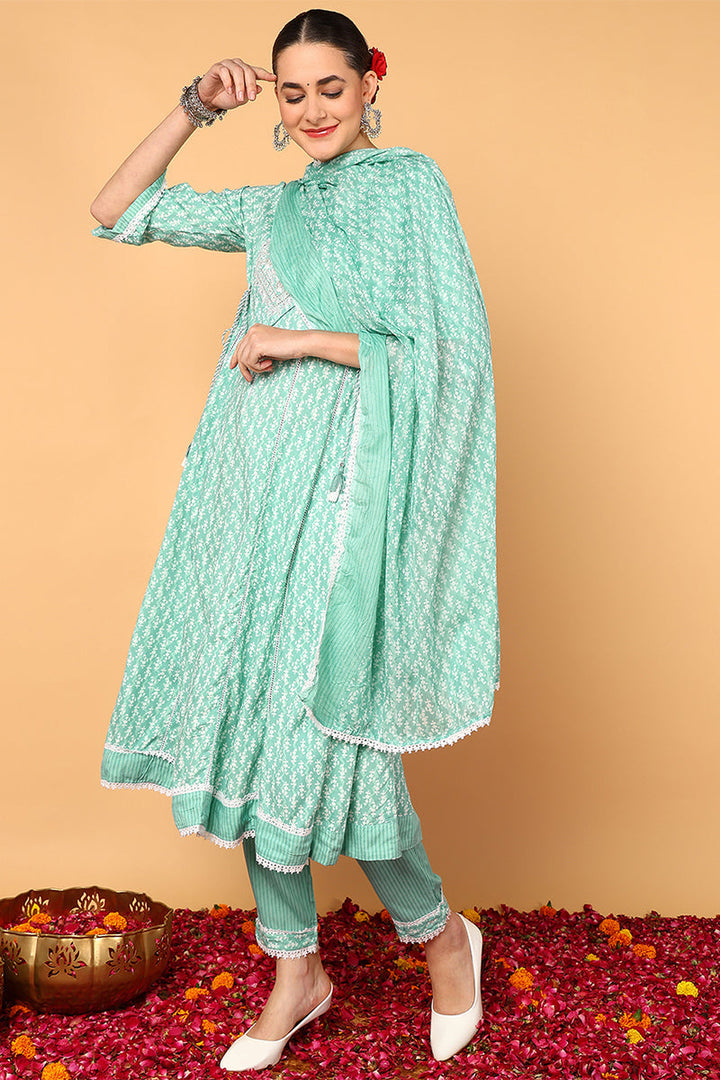 Sea Green Viscose Rayon Ethnic Motifs Printed Flared Suit Set | SHOBITAM