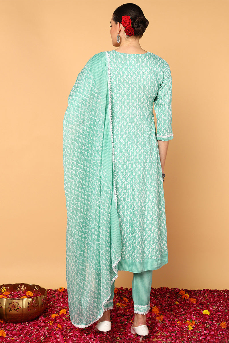 Sea Green Viscose Rayon Ethnic Motifs Printed Flared Suit Set | SHOBITAM