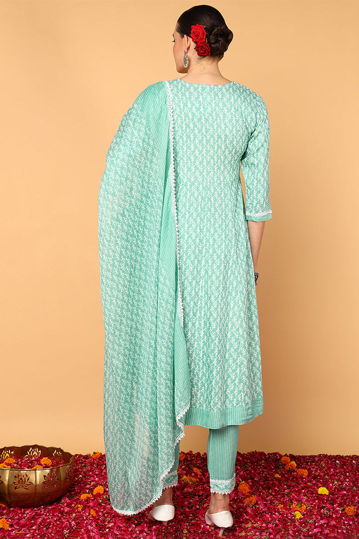 Sea Green Viscose Rayon Ethnic Motifs Printed Flared Suit Set | SHOBITAM