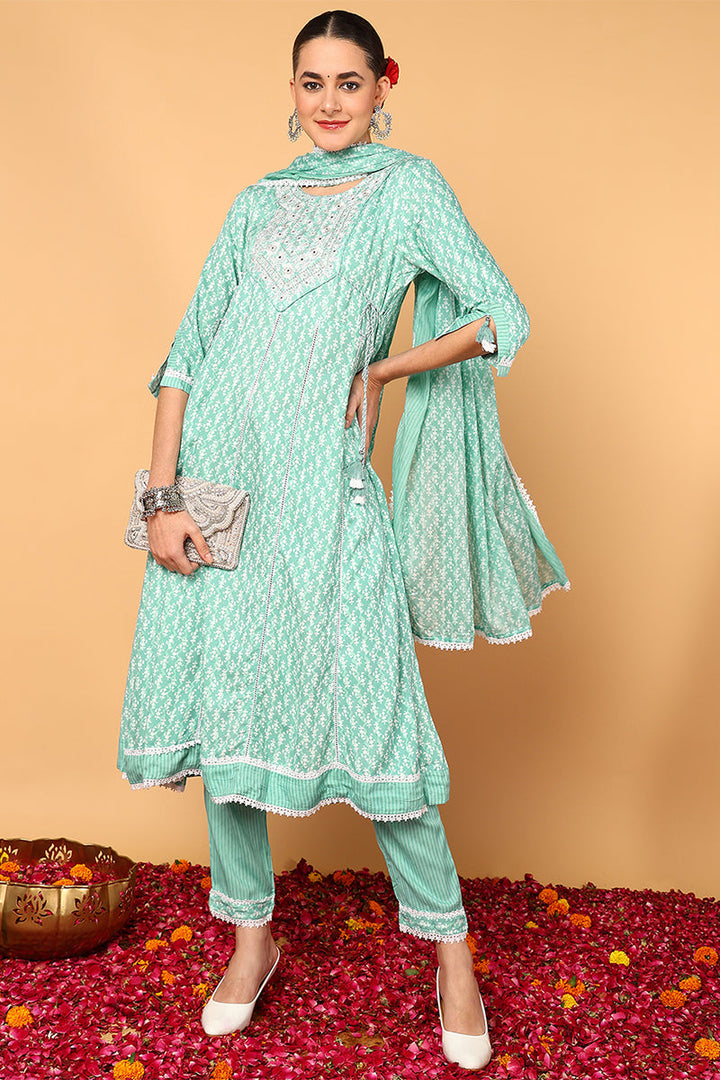 Sea Green Viscose Rayon Ethnic Motifs Printed Flared Suit Set | SHOBITAM
