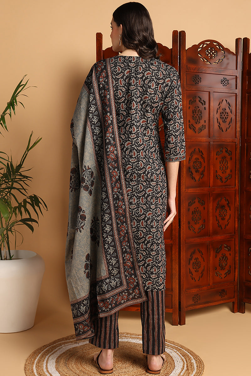 Black Pure Cotton Floral Printed Suit Set | SHOBITAM