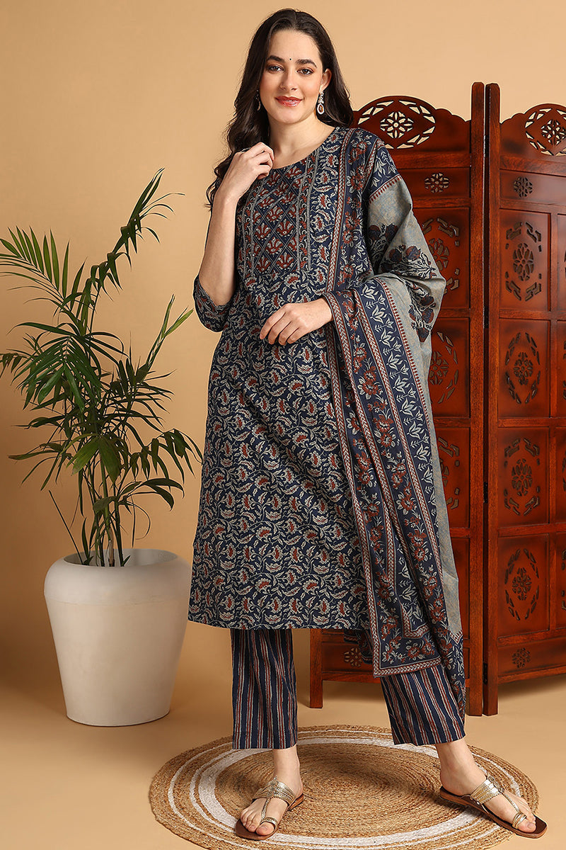 Blue Pure Cotton Floral Printed Suit Set | SHOBITAM