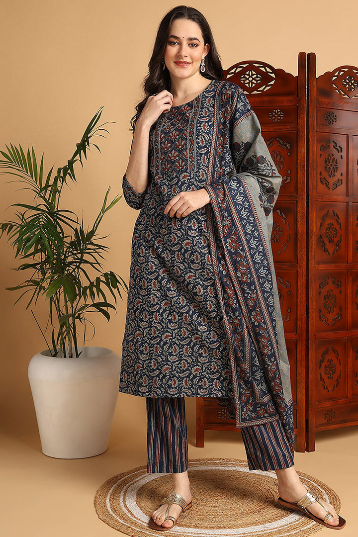 Blue Pure Cotton Floral Printed Suit Set | SHOBITAM