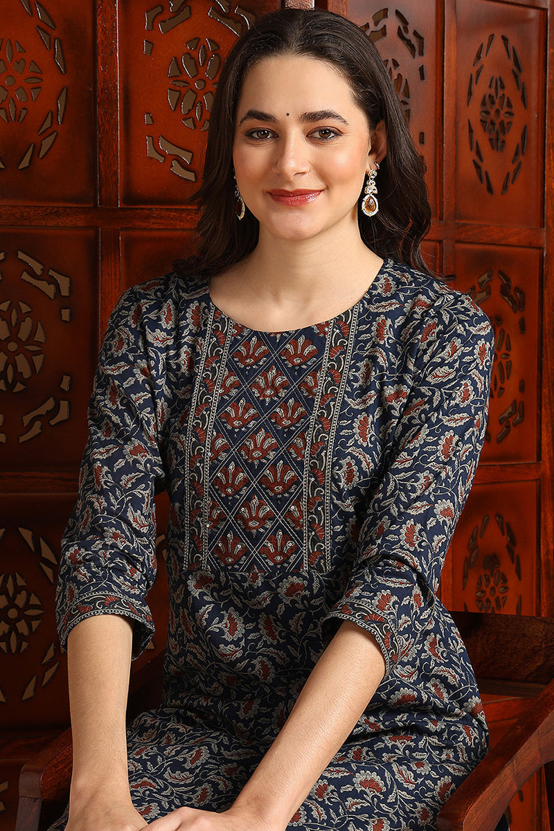 Blue Pure Cotton Floral Printed Suit Set | SHOBITAM