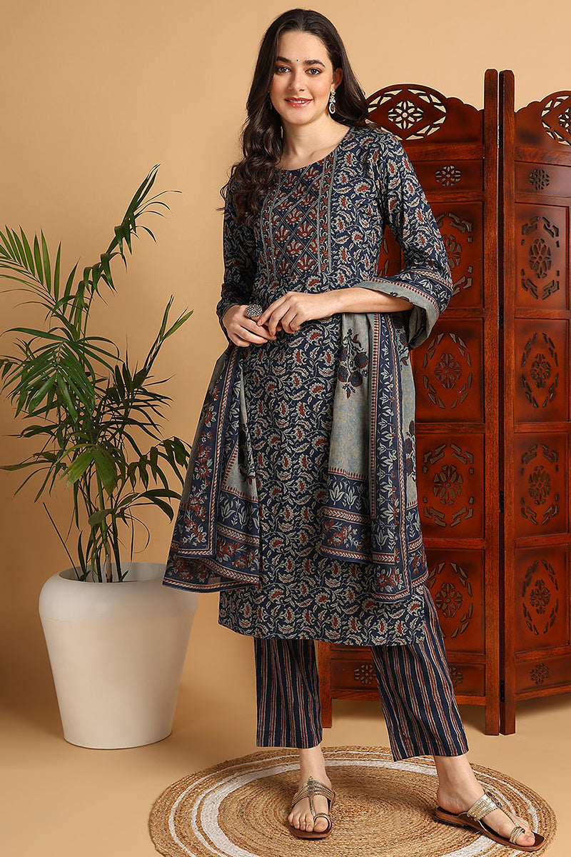 Blue Pure Cotton Floral Printed Suit Set | SHOBITAM