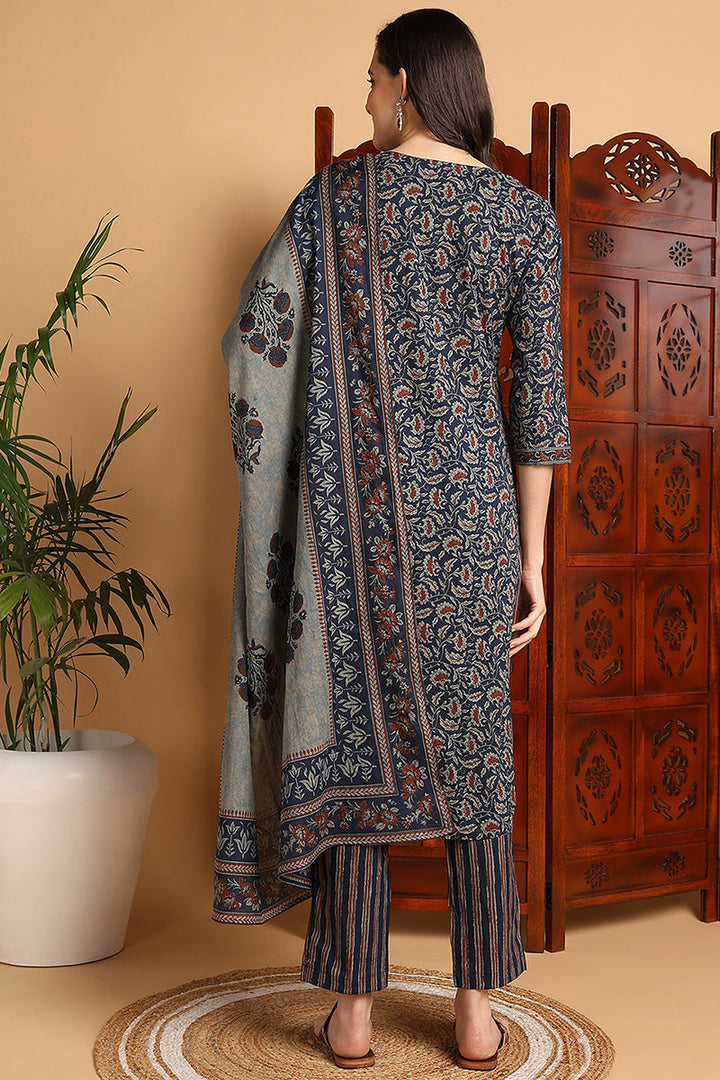 Blue Pure Cotton Floral Printed Suit Set | SHOBITAM