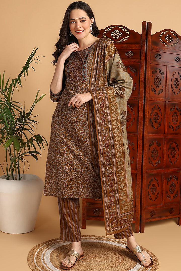 Mustard Yellow Pure Cotton Floral Printed Suit Set | SHOBITAM