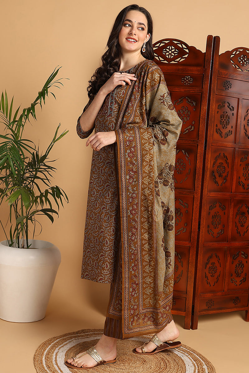 Mustard Yellow Pure Cotton Floral Printed Suit Set | SHOBITAM