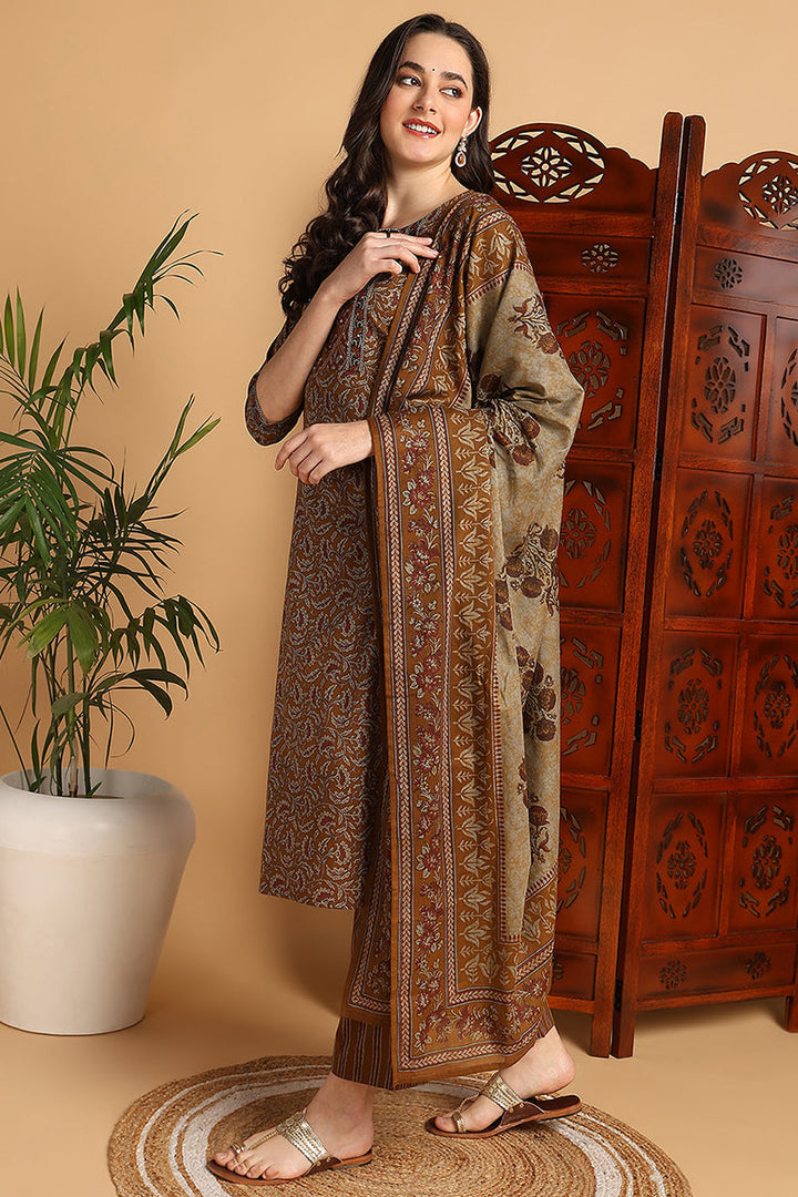 Mustard Yellow Pure Cotton Floral Printed Suit Set | SHOBITAM