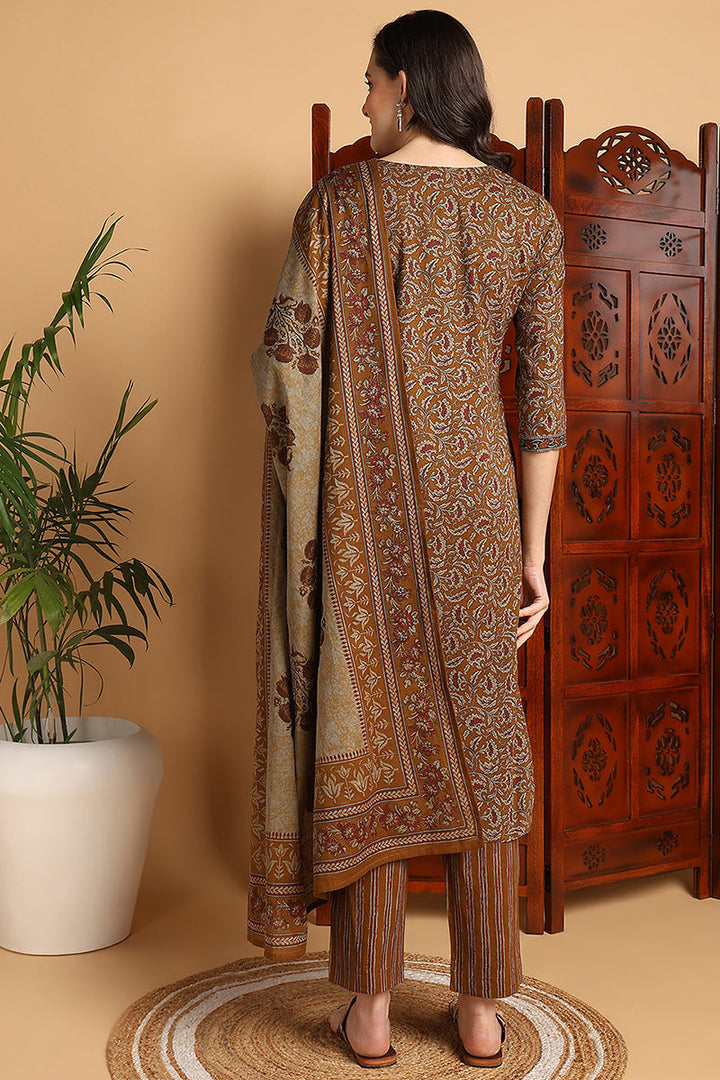 Mustard Yellow Pure Cotton Floral Printed Suit Set | SHOBITAM