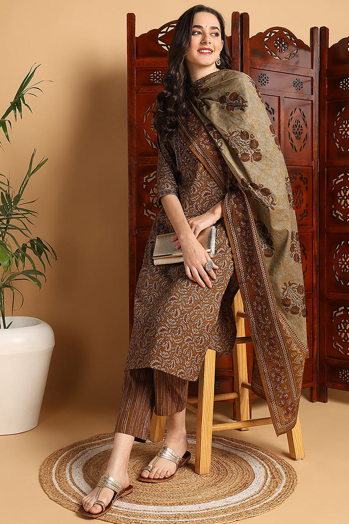 Mustard Yellow Pure Cotton Floral Printed Suit Set | SHOBITAM