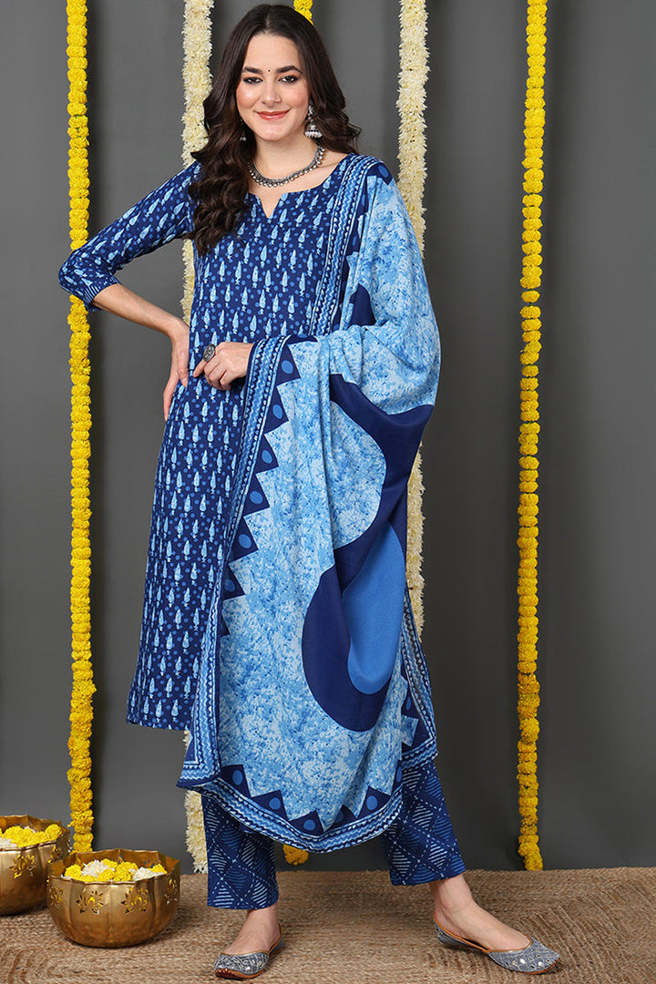 Blue Rayon Blend Ethnic Motifs Printed Straight Suit Set | SHOBITAM