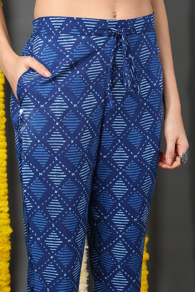 Blue Rayon Blend Ethnic Motifs Printed Straight Suit Set | SHOBITAM