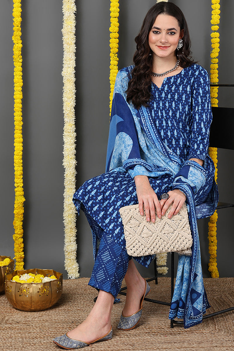 Blue Rayon Blend Ethnic Motifs Printed Straight Suit Set | SHOBITAM