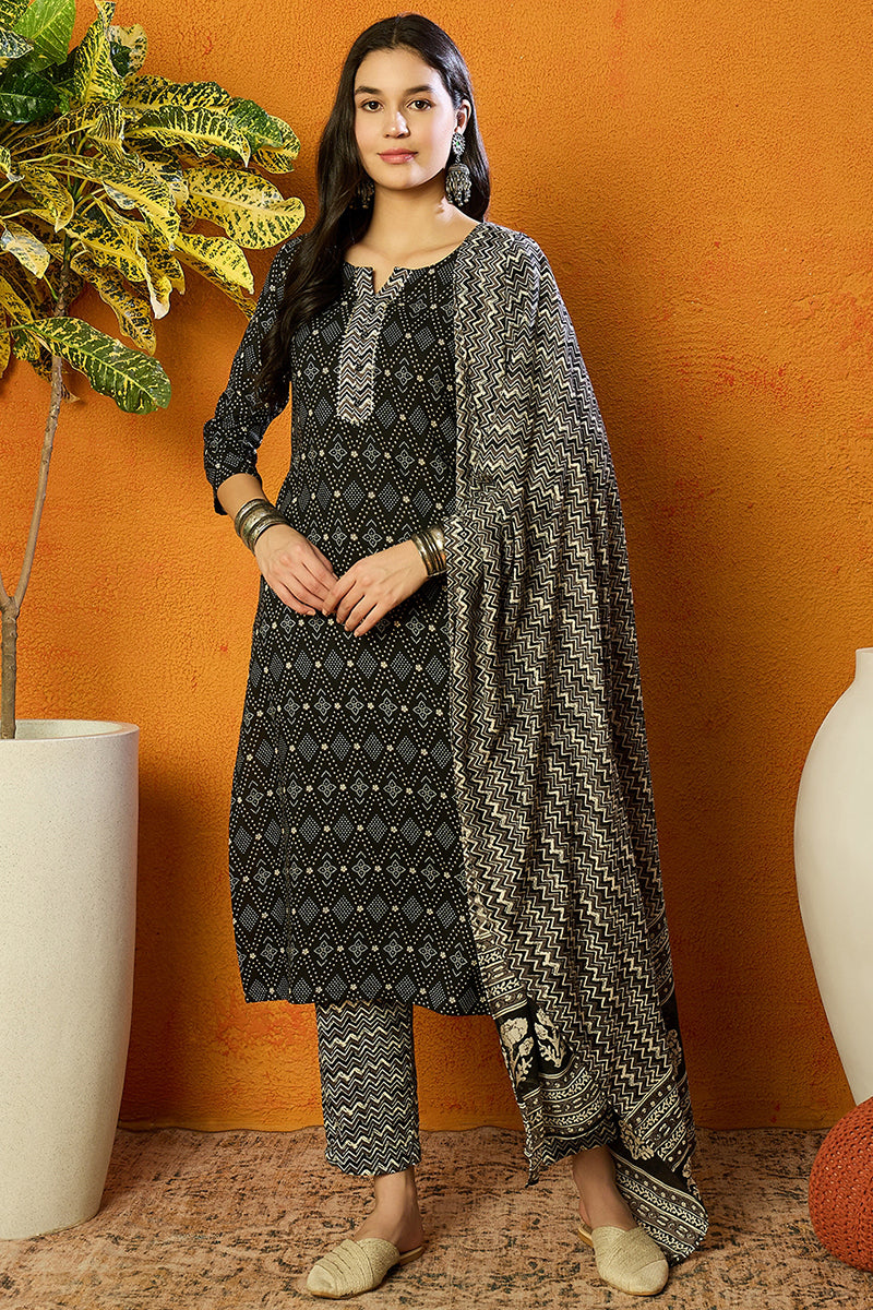 Black Rayon Blend Geometric Printed Straight Suit Set | SHOBITAM