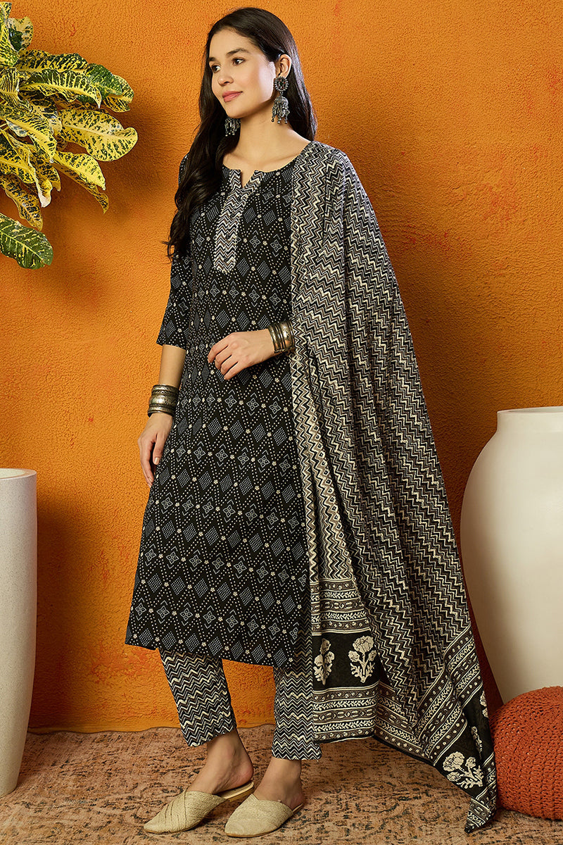Black Rayon Blend Geometric Printed Straight Suit Set | SHOBITAM