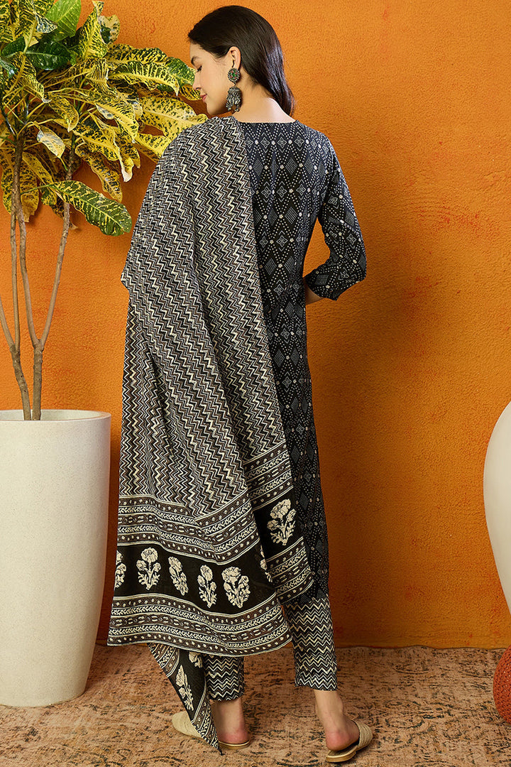 Black Rayon Blend Geometric Printed Straight Suit Set | SHOBITAM