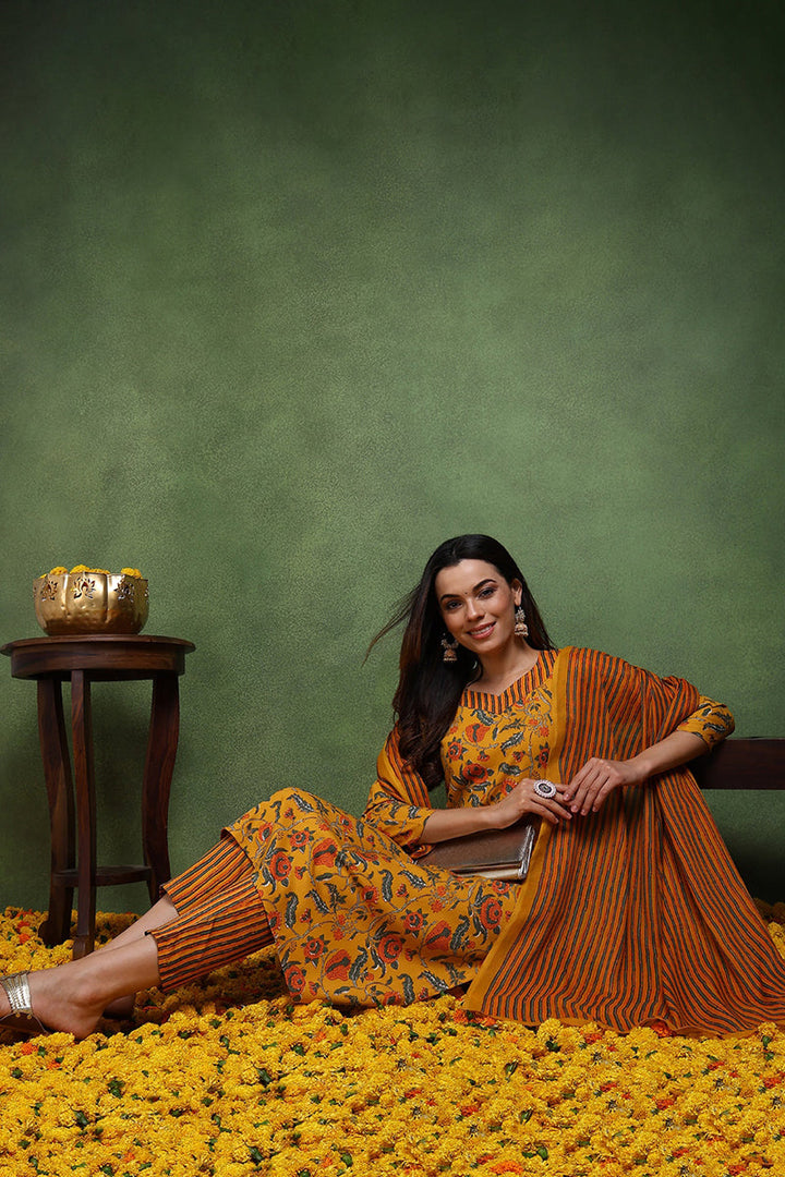 Yellow Rayon Blend Floral Printed Straight Suit Set | SHOBITAM