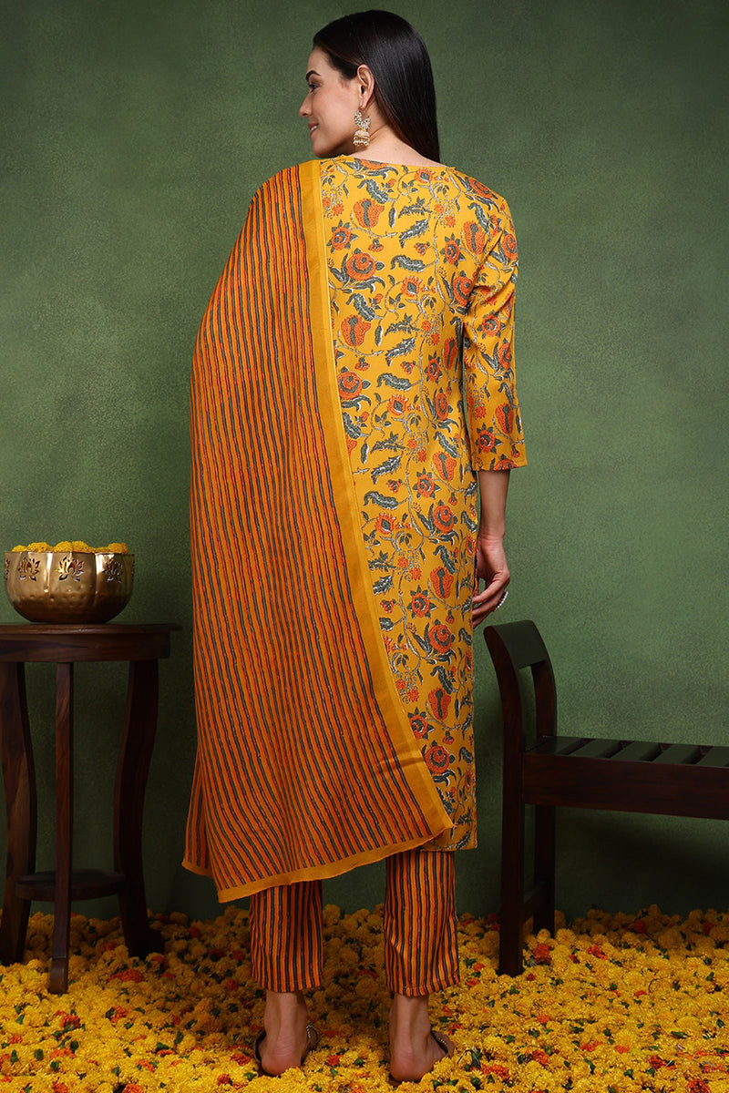 Yellow Rayon Blend Floral Printed Straight Suit Set | SHOBITAM