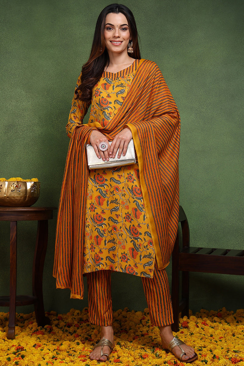 Yellow Rayon Blend Floral Printed Straight Suit Set | SHOBITAM