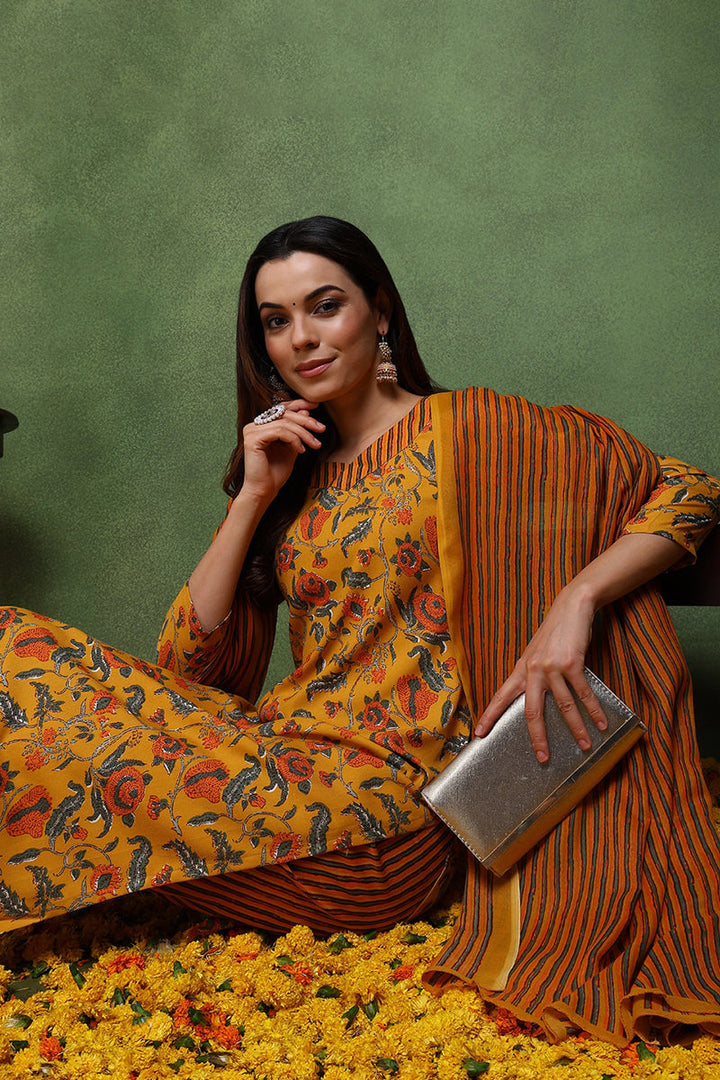 Yellow Rayon Blend Floral Printed Straight Suit Set | SHOBITAM