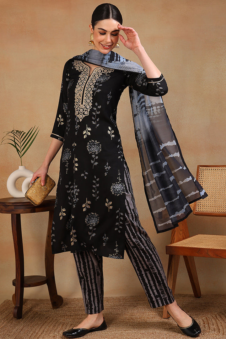Black Rayon Floral Printed Yoke Design Straight Suit Set | SHOBITAM