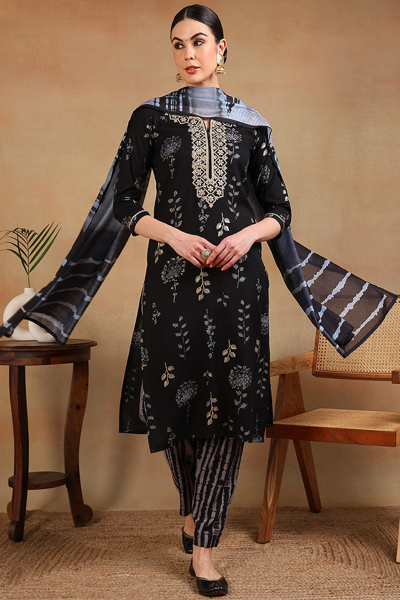Black Rayon Floral Printed Yoke Design Straight Suit Set | SHOBITAM