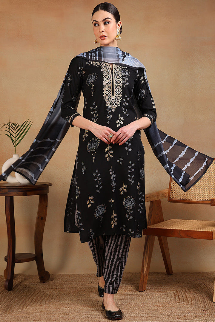 Black Rayon Floral Printed Yoke Design Straight Suit Set | SHOBITAM