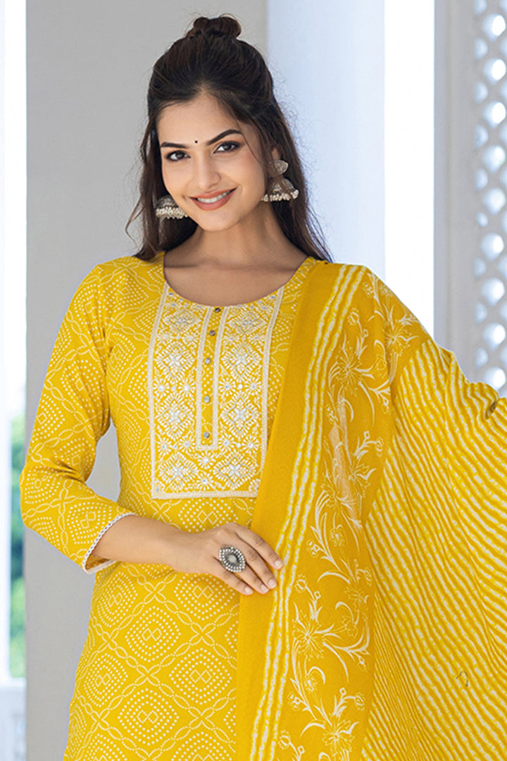 Yellow Viscose Rayon Bandhani Embroidered Straight Suit Set | SHOBITAM