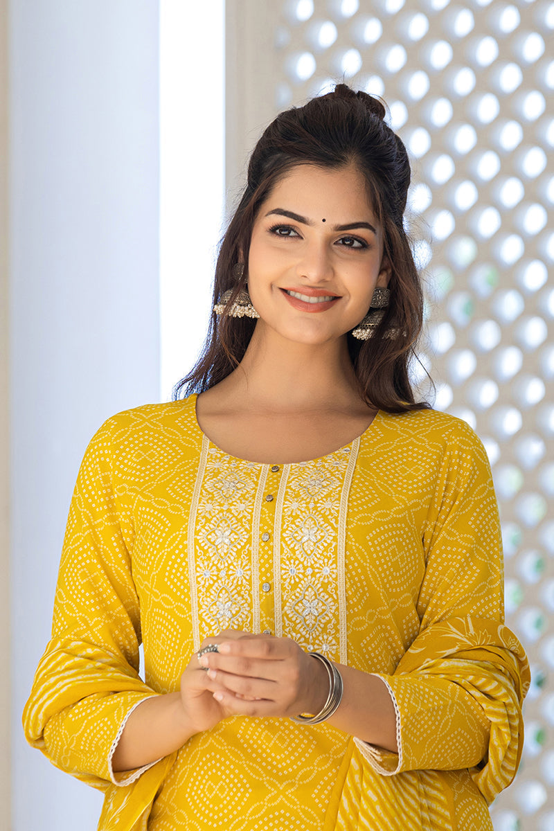 Yellow Viscose Rayon Bandhani Embroidered Straight Suit Set | SHOBITAM