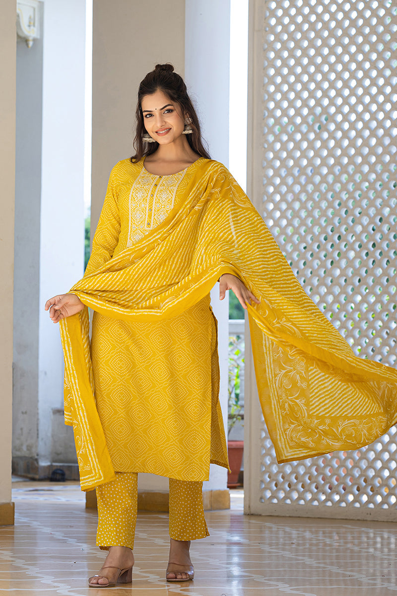 Yellow Viscose Rayon Bandhani Embroidered Straight Suit Set | SHOBITAM