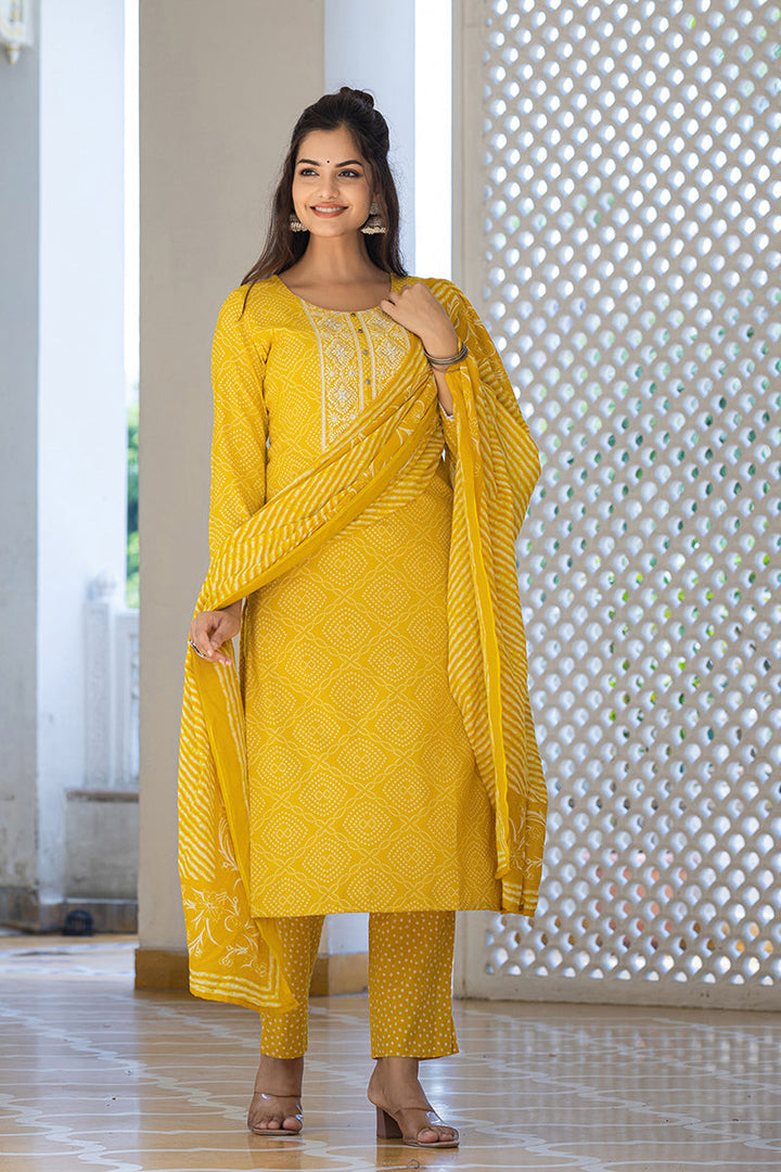 Yellow Viscose Rayon Bandhani Embroidered Straight Suit Set | SHOBITAM