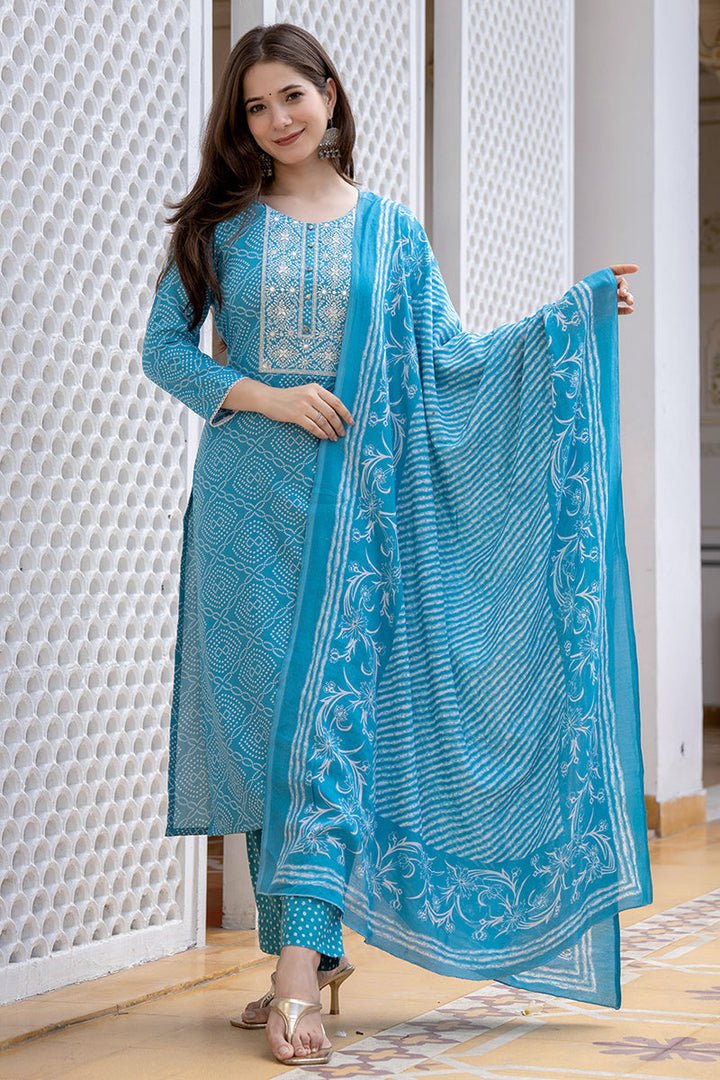 Blue Viscose Rayon Bandhani Embroidered Straight Suit Set | SHOBITAM