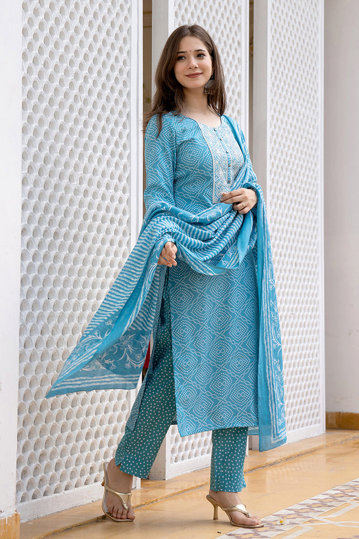 Blue Viscose Rayon Bandhani Embroidered Straight Suit Set | SHOBITAM
