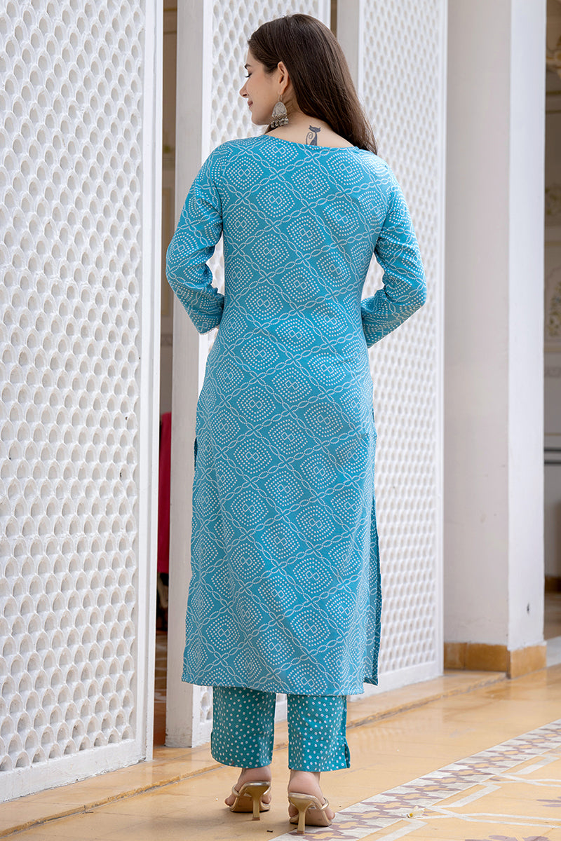 Blue Viscose Rayon Bandhani Embroidered Straight Suit Set | SHOBITAM