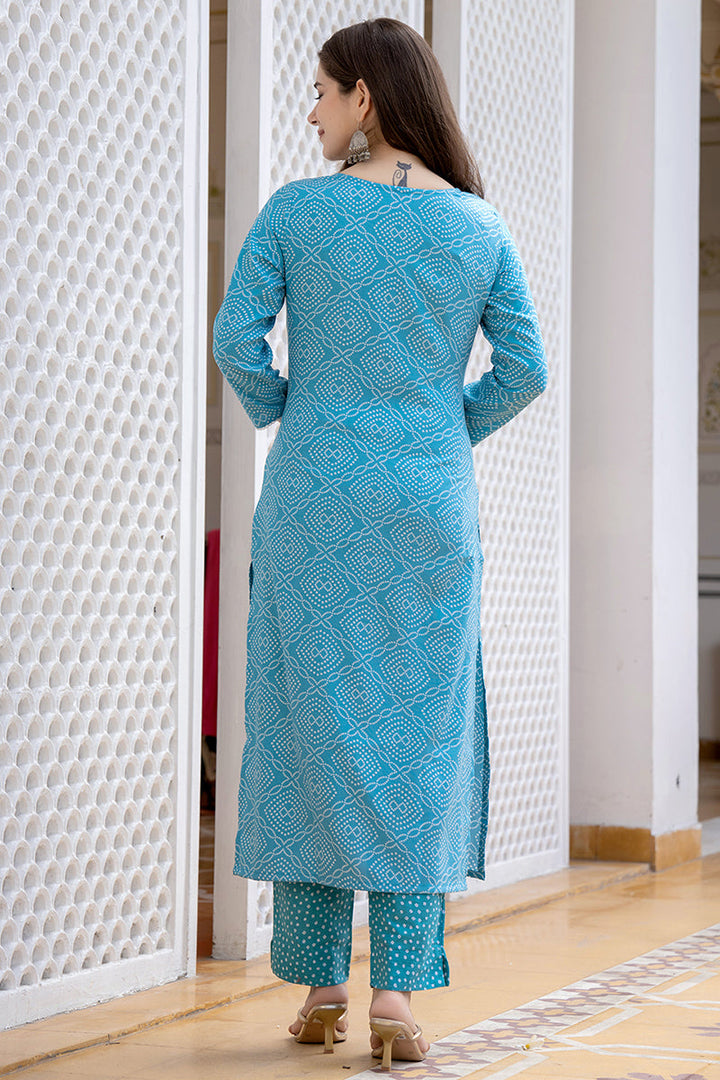 Blue Viscose Rayon Bandhani Embroidered Straight Suit Set | SHOBITAM
