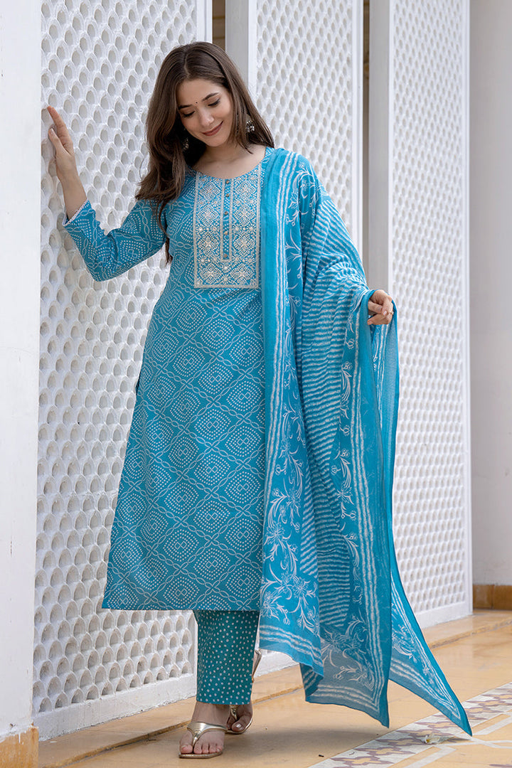 Blue Viscose Rayon Bandhani Embroidered Straight Suit Set | SHOBITAM